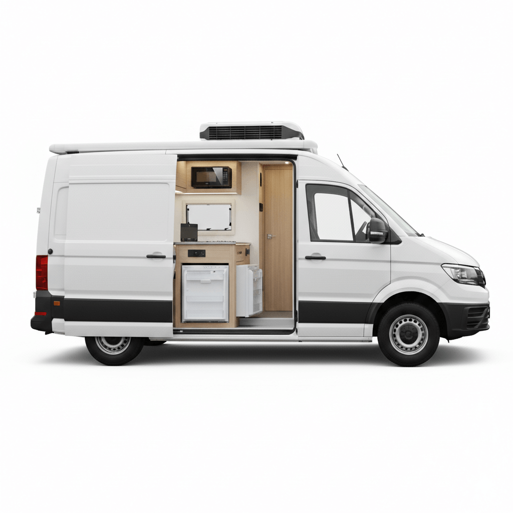 Dometic campervan appliance conversion kit installed in a VW Crafter showing a built in fridge microwave hob sink cabinets and roof mounted air conditioner in a modern wood finished campervan interior on a white background.
