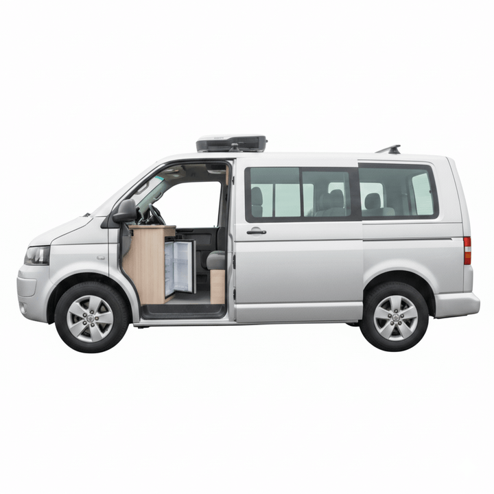 Dometic campervan appliance conversion kit installed in a VW Transporter showing a built in fridge kitchen cabinet and roof mounted air conditioner inside a compact campervan layout on a white background.