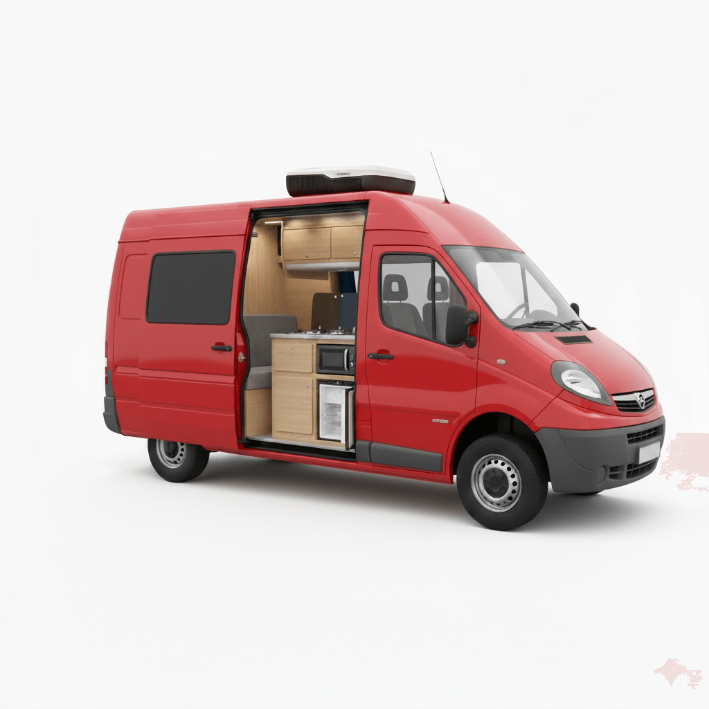 Dometic campervan appliance conversion kit installed in a  Vauxhall Vivaro showing a built in fridge kitchen cabinet and roof mounted air conditioner inside a compact campervan layout on a white background.