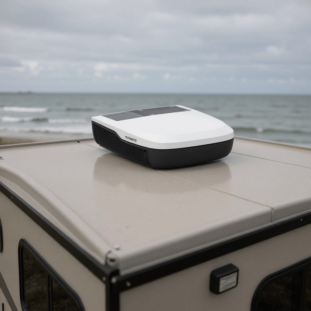 Dometic FreshJet FJX7 2200 rooftop air conditioner mounted on a camper by the seaside under cloudy skies.
