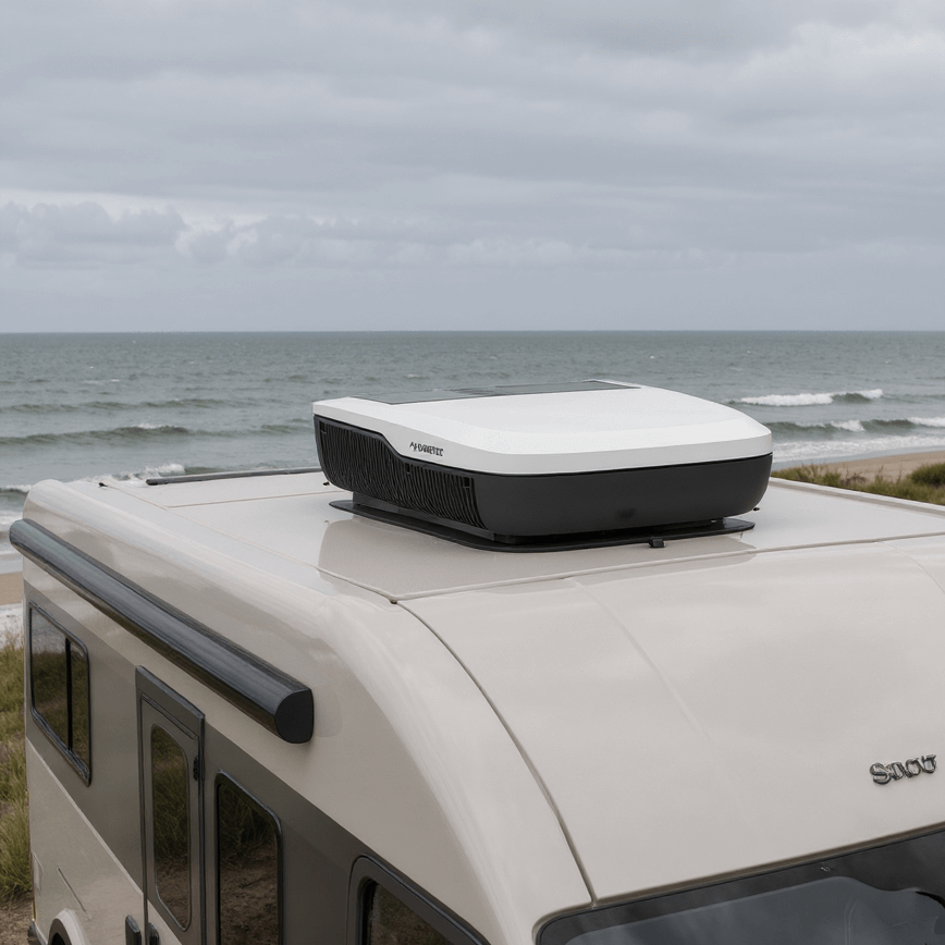 Dometic FreshJet FJX7 2600 rooftop air conditioner mounted on a motorhome parked by the beach under cloudy skies.