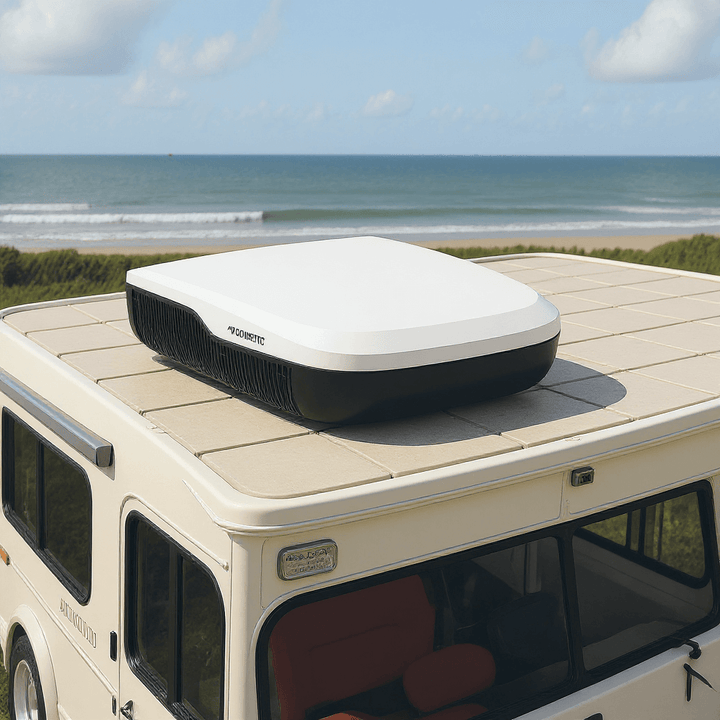 Dometic FreshJet FJX7 3500 rooftop air conditioner on a cream-coloured camper van parked near the beach on a sunny day.