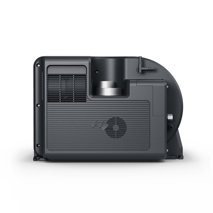 Dometic TwinBoost 4000 Heater side profile showing ventilation grille, internal fan housing and pipe connections on a black transparent background.