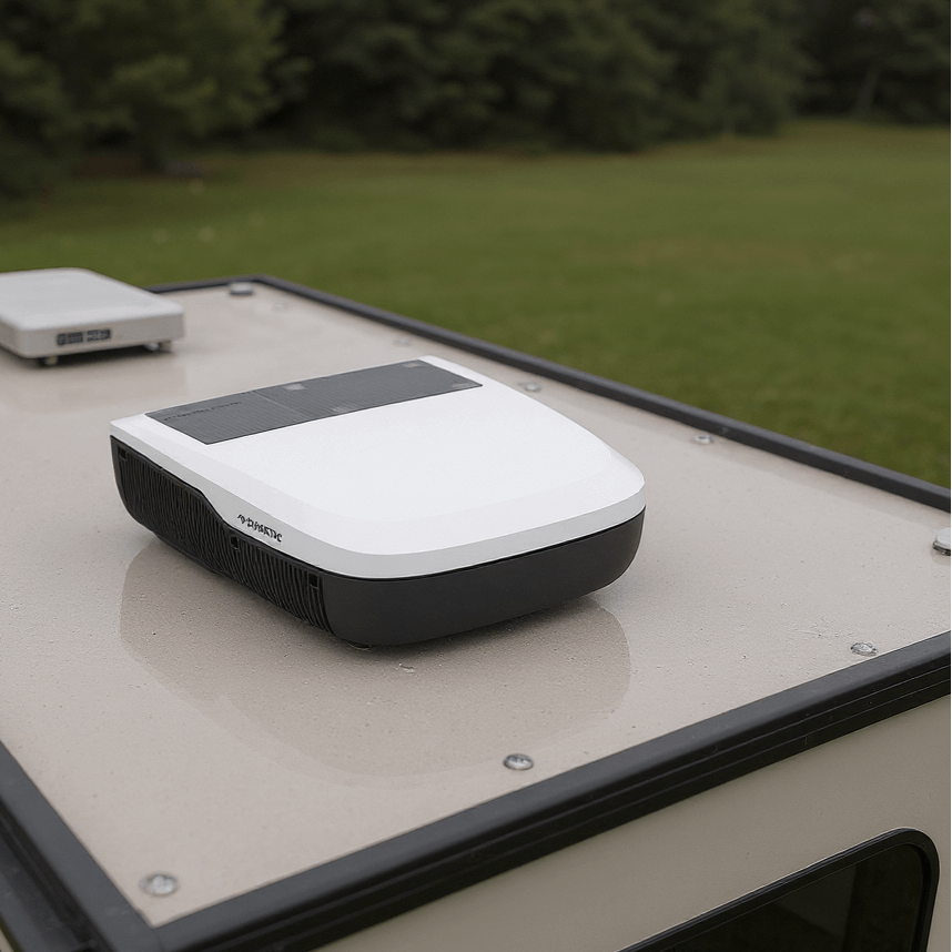 Dometic FreshJet FJX4 1700 rooftop air conditioner installed on a camper parked in a grassy area.