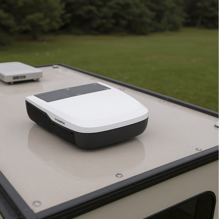 Dometic FreshJet FJX4 1700 rooftop air conditioner installed on a camper parked in a grassy area.