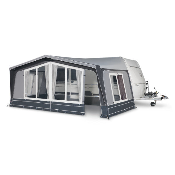 Caravan with a Dorema Diamond 240 awning on a white background