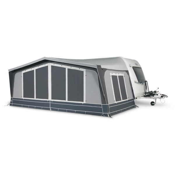 Caravan with an attached Dorema Diamond XL270 De Luxe awning on a white background