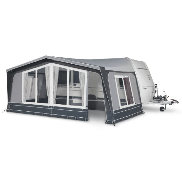 Dorema Diamond XL270 awning attached to a caravan on a white background