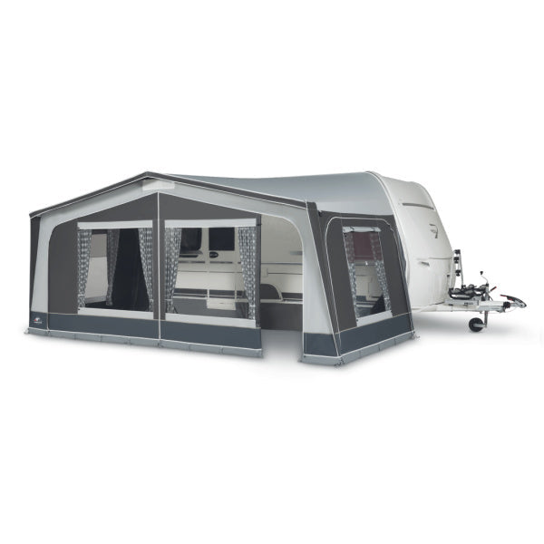 Dorema Monza 240 attached to a caravan on a white background