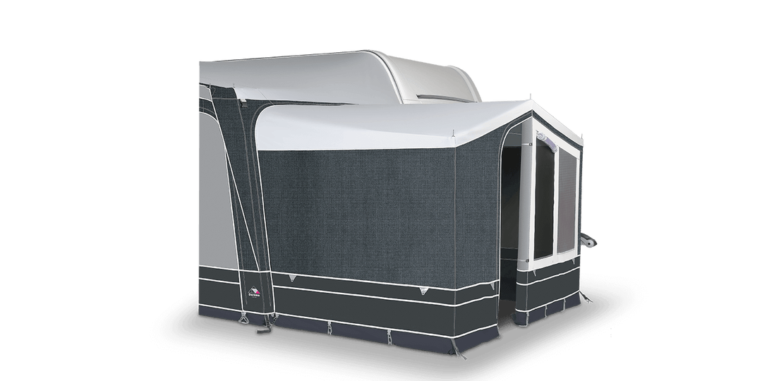 Dorema Diamond 240 Annex in dark grey and light grey attached to a caravan on a transparent background.