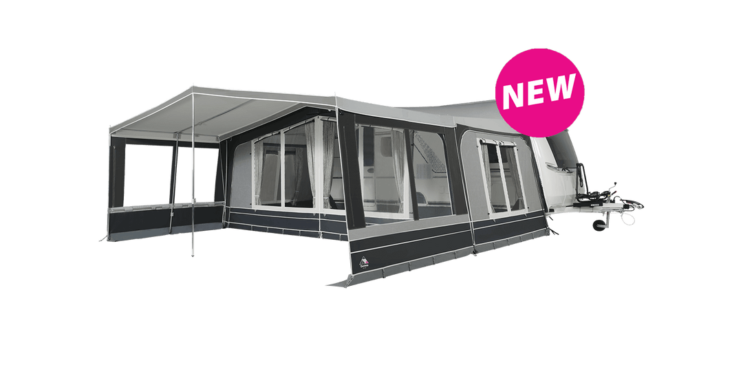 Dorema Diamond awning canopy attached to a caravan on a transparent background.