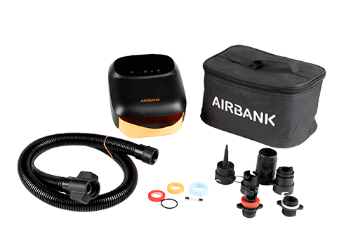 Dorema Electric Air Pump with hose, adapters, and carry bag on a transparent background.