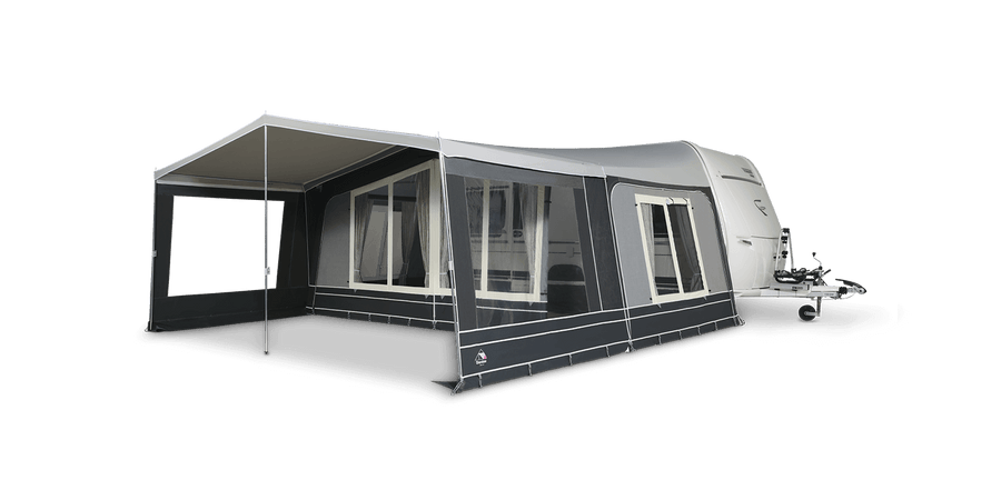 Dorema Locarno Plus sun canopy attached to a caravan on a transparent background.
