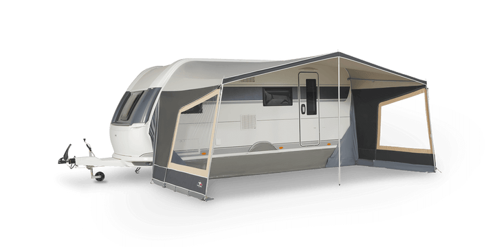 Dorema Panorama Nature poled sun canopy in desert colour option on a transparent background.