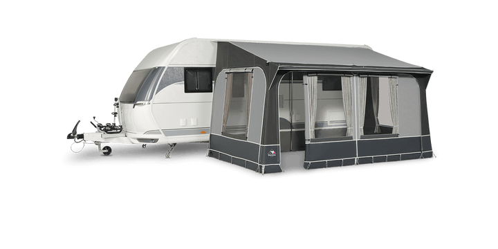 Dorema Quartz 400 De Luxe caravan awning with zip-out front and side panels, ideal for all-season camping use on a transparent background.