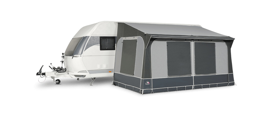 Dorema Quartz 400 De Luxe poled porch awning attached to a caravan on a transparent background, shown with full canopy setup and side panels closed.