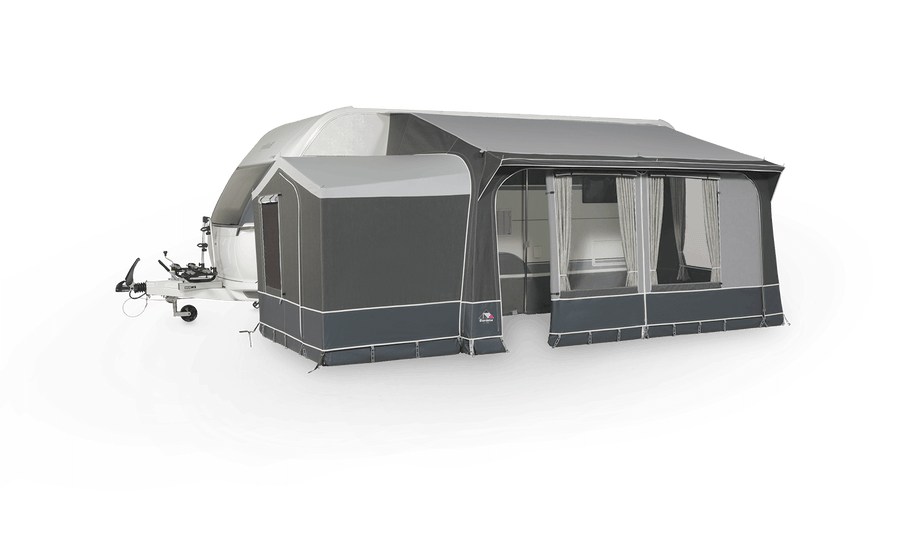 Dorema Quartz Annex De Luxe attached to a caravan on a  transparent background.