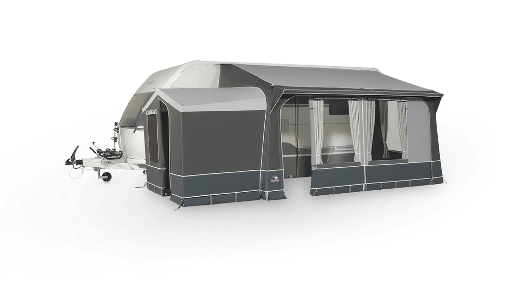 Dorema Quartz Annex De Luxe fitted to a caravan on a transparent  background.