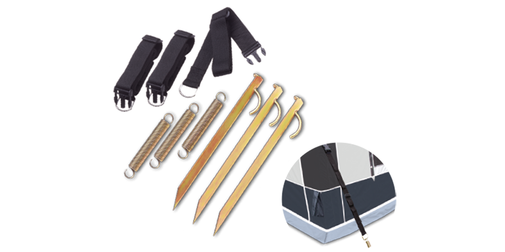 Dorema storm straps kit with straps, springs, and ground pegs on a transparent background