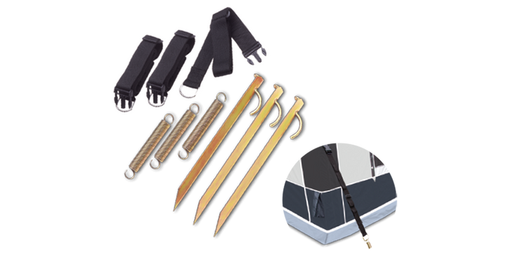 Dorema storm straps kit with straps, springs, and ground pegs on a transparent background