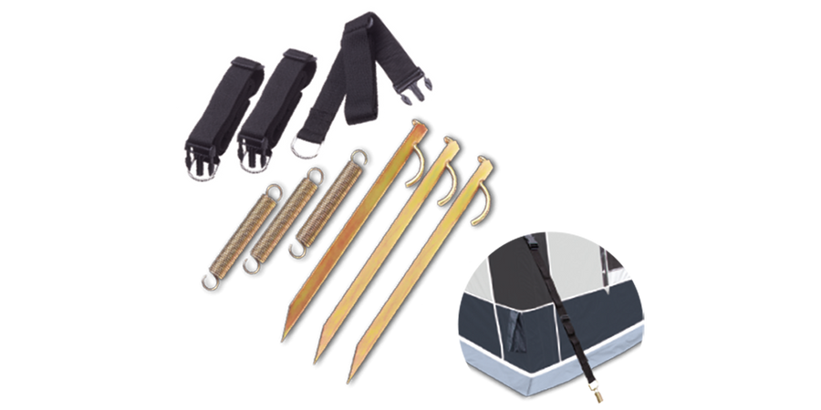 Dorema storm straps kit with straps, springs, and ground pegs on a transparent background