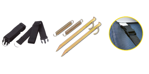 Dorema storm straps safe lock system with straps, springs, pegs, and detail inset on a black background.