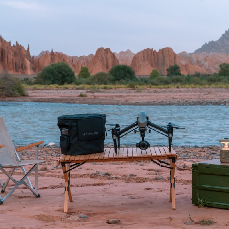 EcoFlow Delta 2 Bag Beside Drone On Table