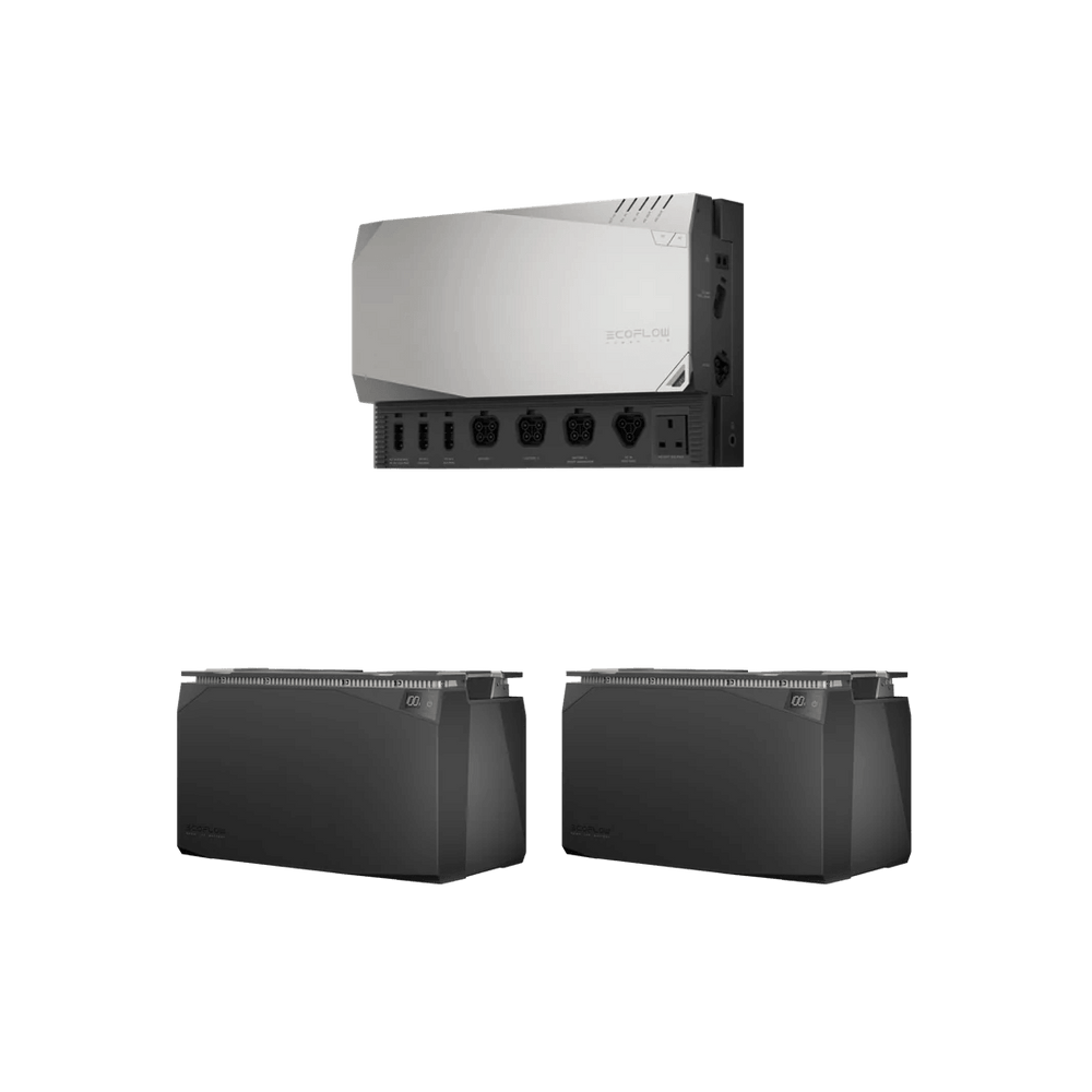 EcoFlow 10kWh Power Kit simplified set showing Power Hub and two batteries, on a transparent background.