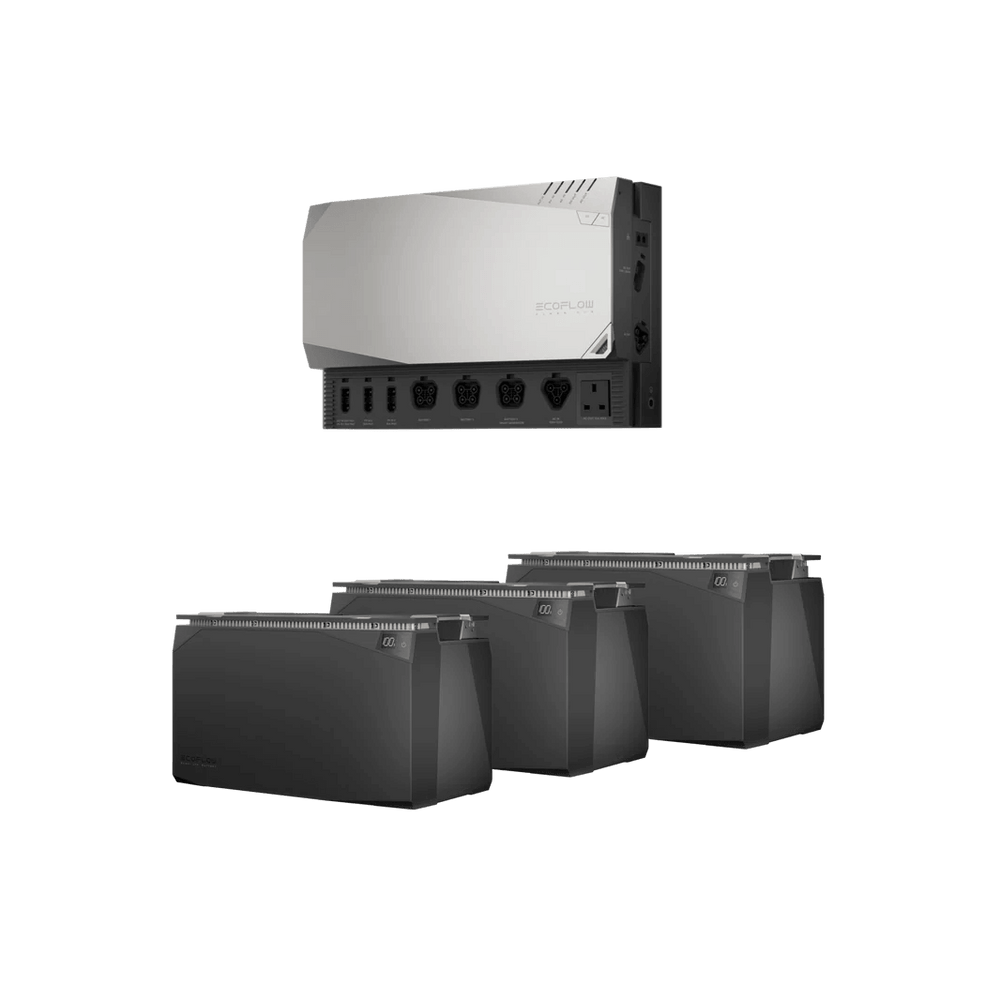 EcoFlow 15kWh Power Kit showing a  product view of Power Hub and three stackable batteries without additional modules, on a transparent background.