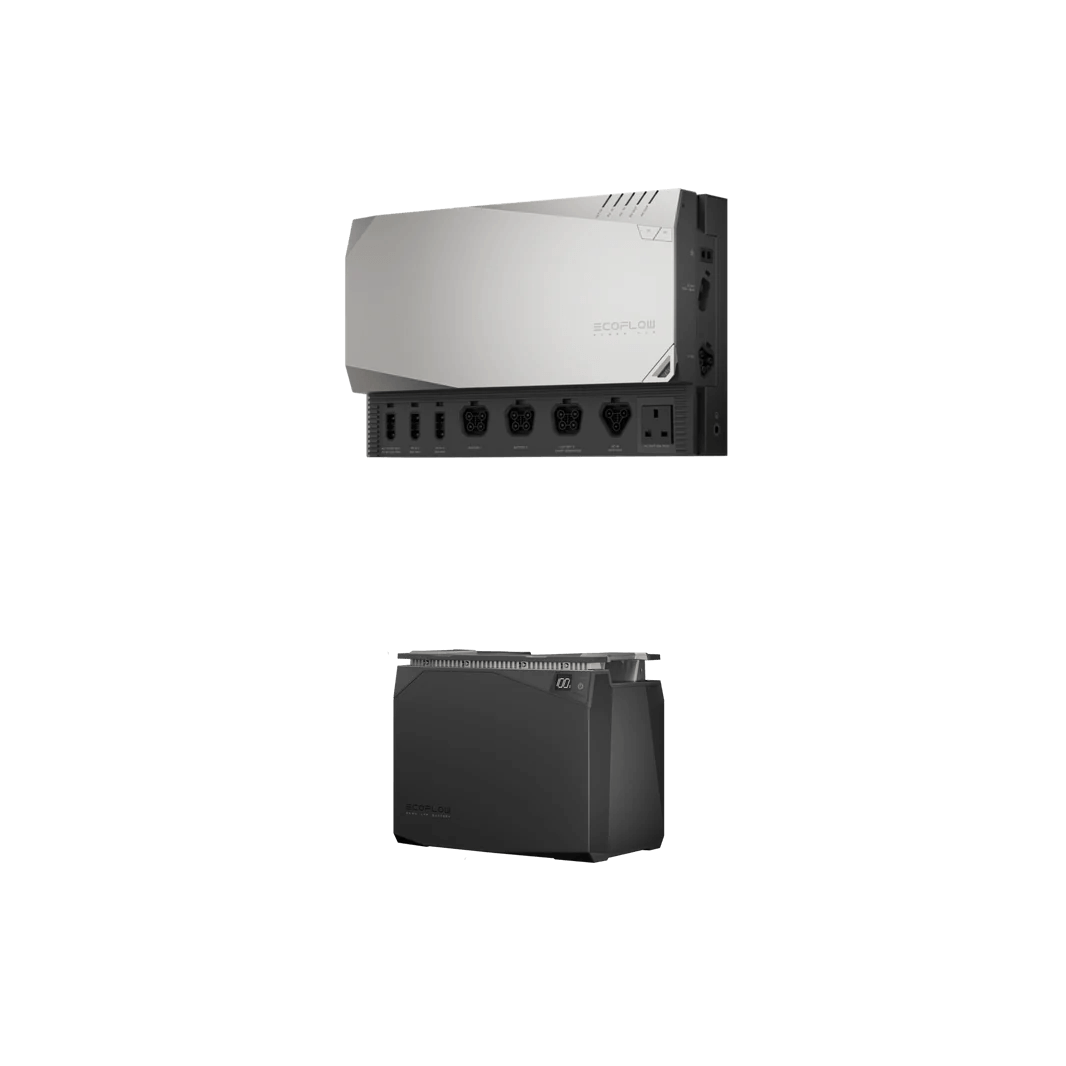 Side-by-side view of the EcoFlow 2kWh Power Kit inverter hub mounted above the 2kWh LFP battery module, in transparent plain background.