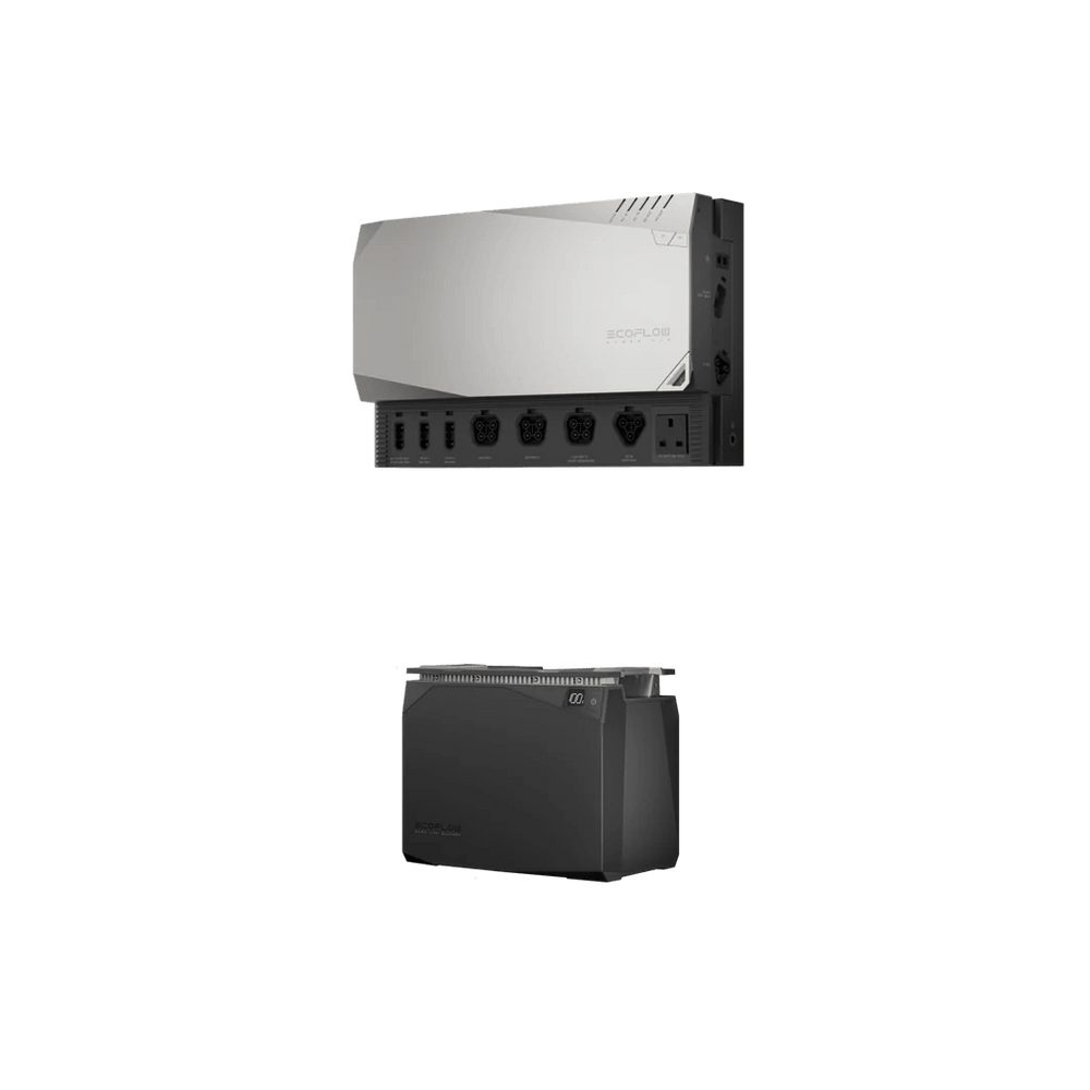 Side-by-side view of the EcoFlow 2kWh Power Kit inverter hub mounted above the 2kWh LFP battery module, in transparent plain background.