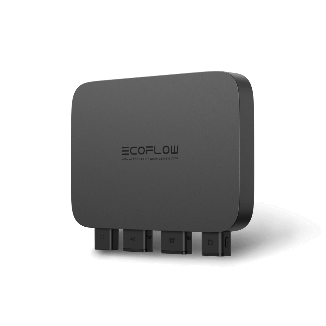 Ecoflow alternator charger black 500w on a transparent background.