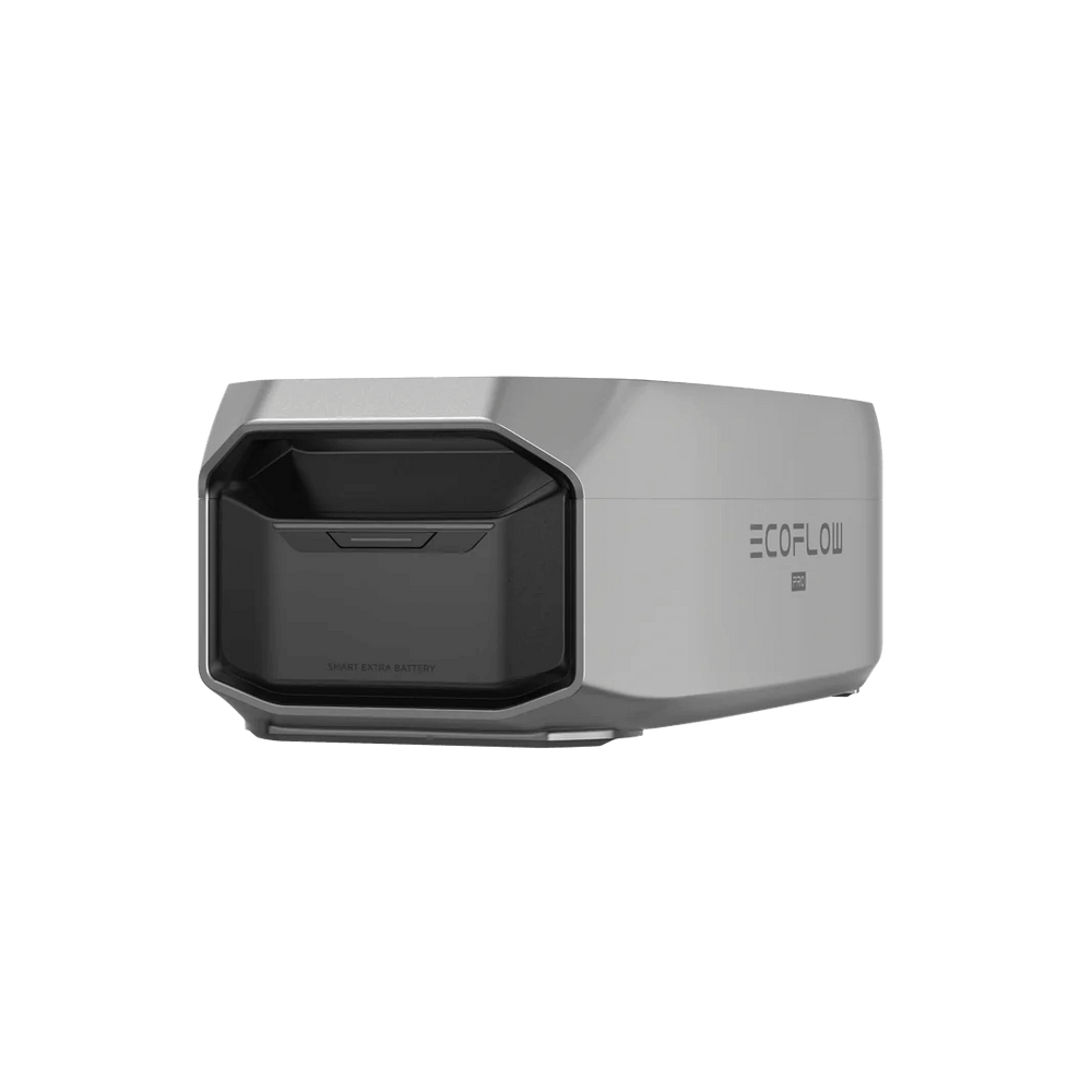 Angled side perspective of a standalone EcoFlow Smart Extra Battery, highlighting the black latch design, with transparent background