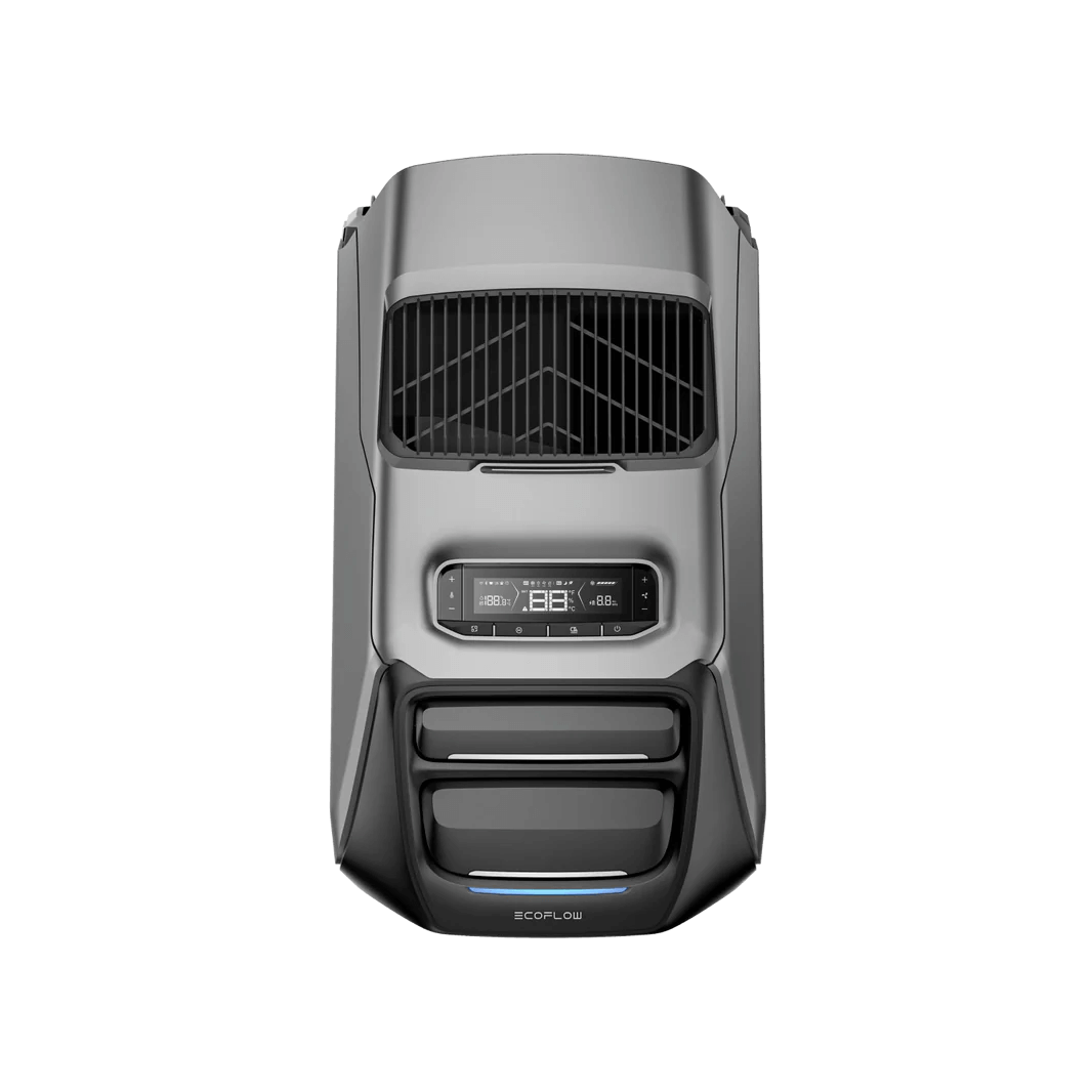 Top-down view of the EcoFlow WAVE 3 portable air conditioner displaying its digital control interface and airflow vents, with a transparent background.
