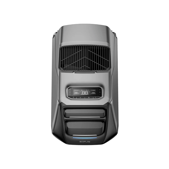 Top-down view of the EcoFlow WAVE 3 portable air conditioner displaying its digital control interface and airflow vents, with a transparent background.