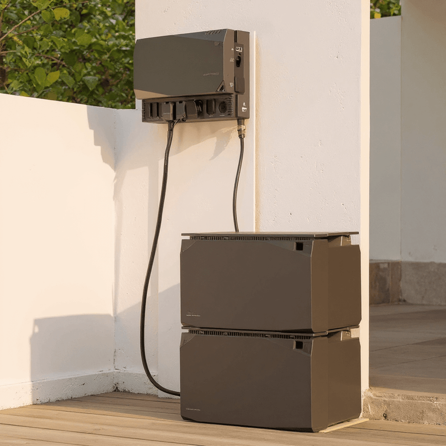 EcoFlow 10kWh Power Kit installed outdoors, with a wall-mounted power hub connected to two stacked battery units on a wooden deck against a white wall.