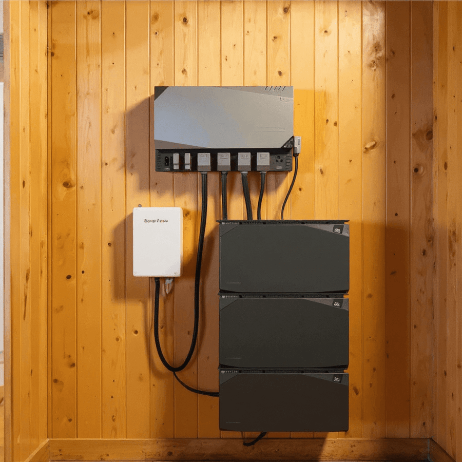 EcoFlow 2kWh Power Kit installed on a wooden wall, featuring three stacked battery units and a central power hub with connected wiring.