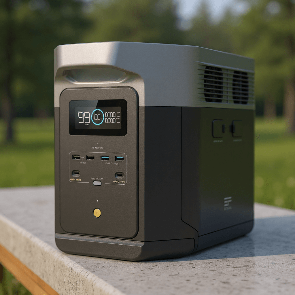 Portable EcoFlow DELTA 2 Max power station placed on a stone surface outdoors, showing front ports and display screen at 99% battery.