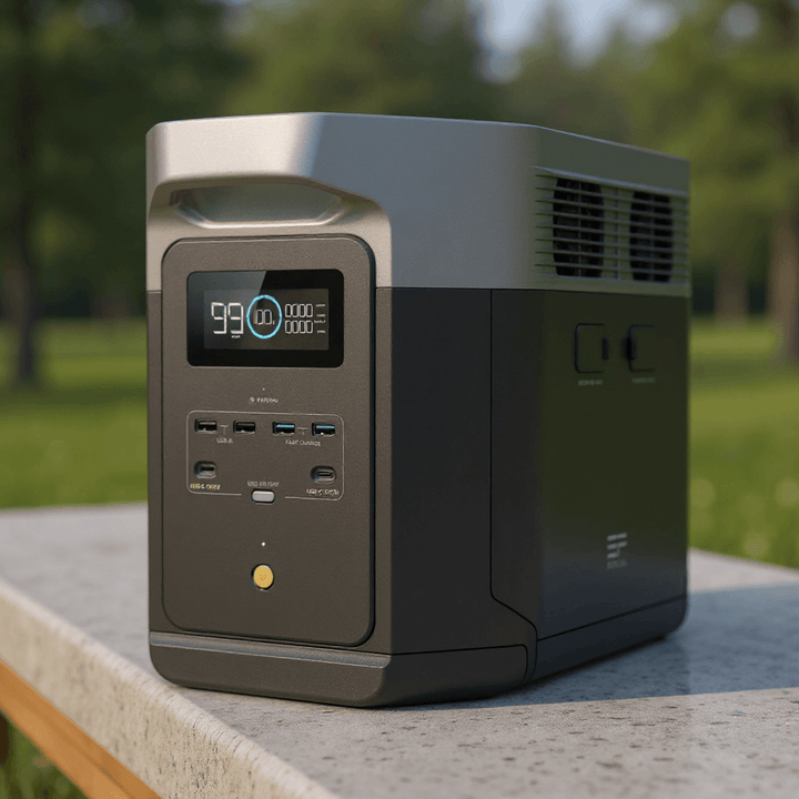 Portable EcoFlow DELTA 2 Max power station placed on a stone surface outdoors, showing front ports and display screen at 99% battery.