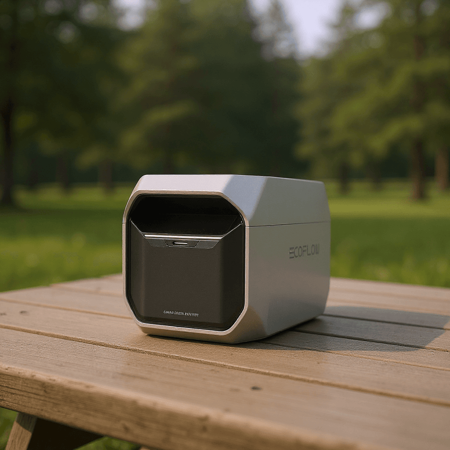 EcoFlow Smart Extra Battery placed on a wooden picnic table in a sunny park, with  lush green forest in the blurred background.