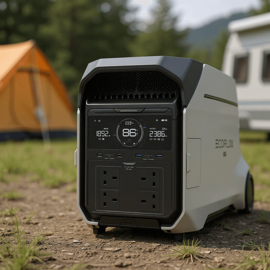 EcoFlow DELTA Pro 3 portable power station placed on the ground at a campsite, with a tent and RV in the background and display showing 86% charge.
