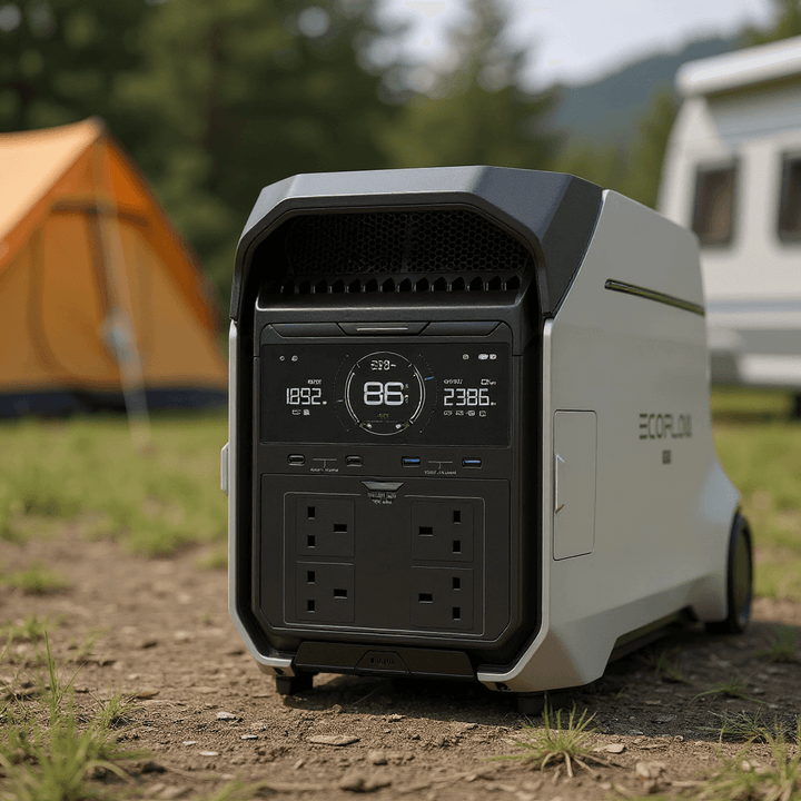 EcoFlow DELTA Pro 3 portable power station placed on the ground at a campsite, with a tent and RV in the background and display showing 86% charge.