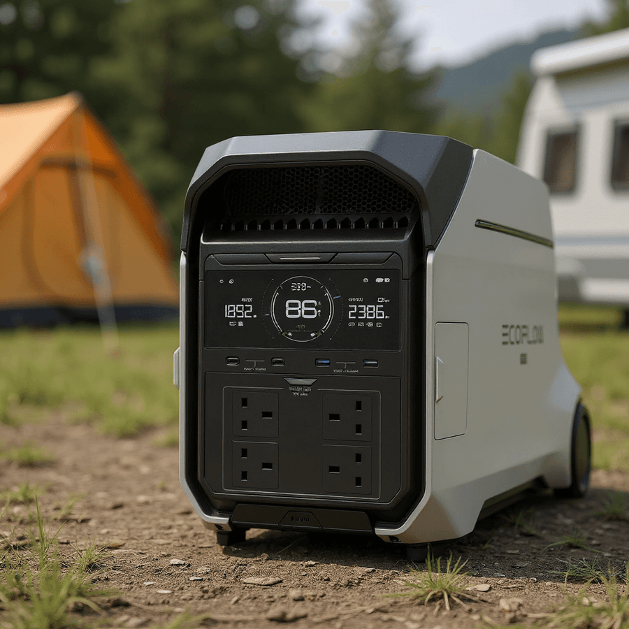 EcoFlow DELTA Pro 3 portable power station placed on the ground at a campsite, with a tent and RV in the background and display showing 86% charge.