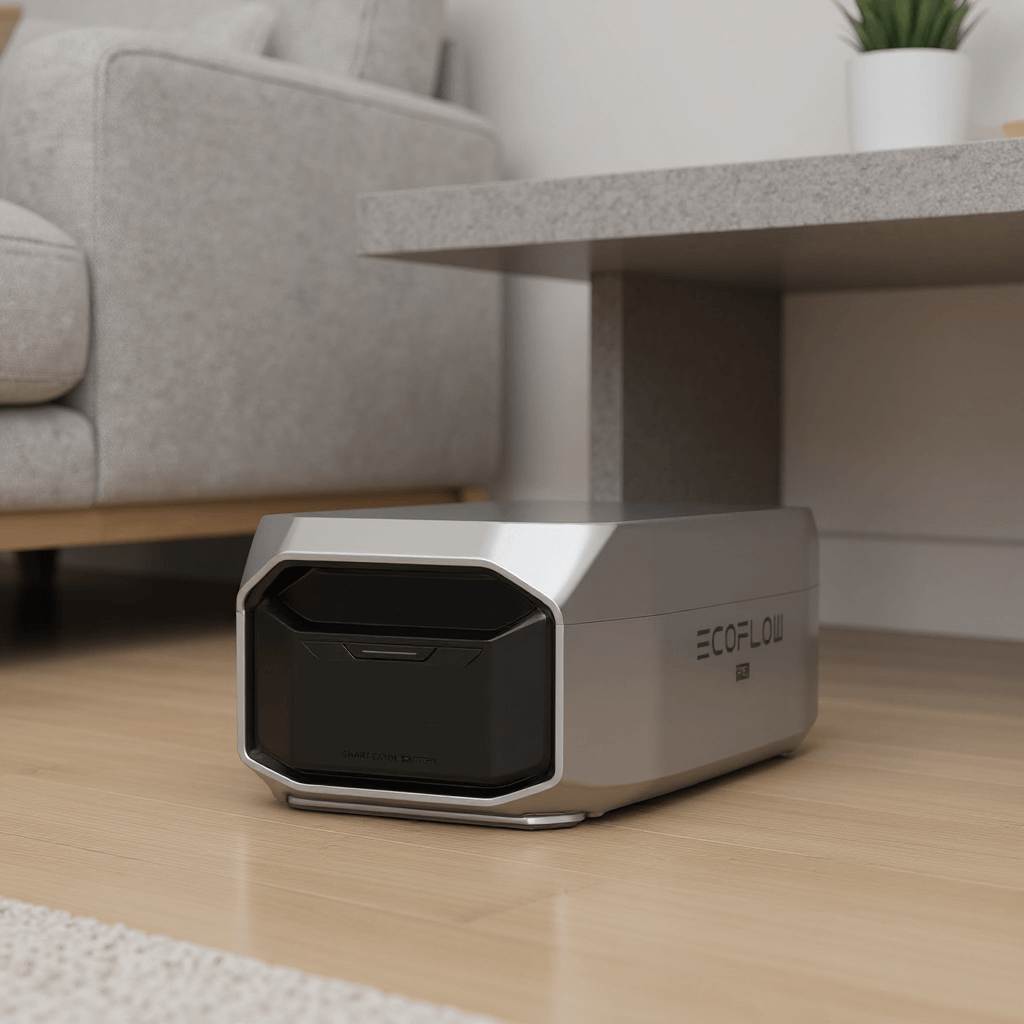 EcoFlow DELTA Pro 3 Smart Extra Battery placed under a modern side table in a clean, minimalist living room with light wood flooring and a grey couch