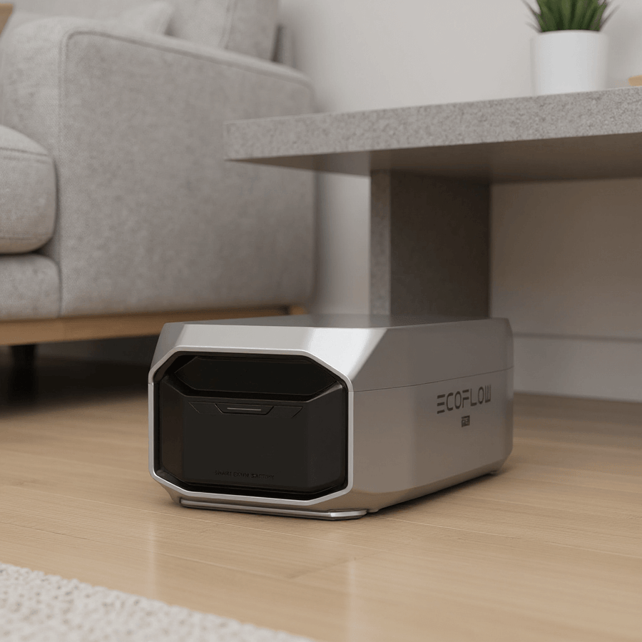 EcoFlow DELTA Pro 3 Smart Extra Battery placed under a modern side table in a clean, minimalist living room with light wood flooring and a grey couch