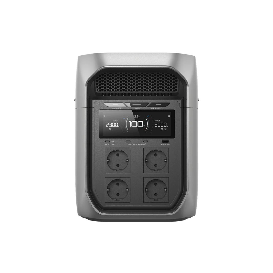 EcoFlow Delta 3 Max plus portable power station front display and outlets view on a transparent background.