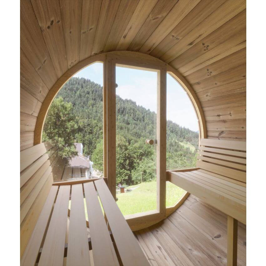 Interior bench view inside the InMedias Ergo 180 Barrel Sauna.
