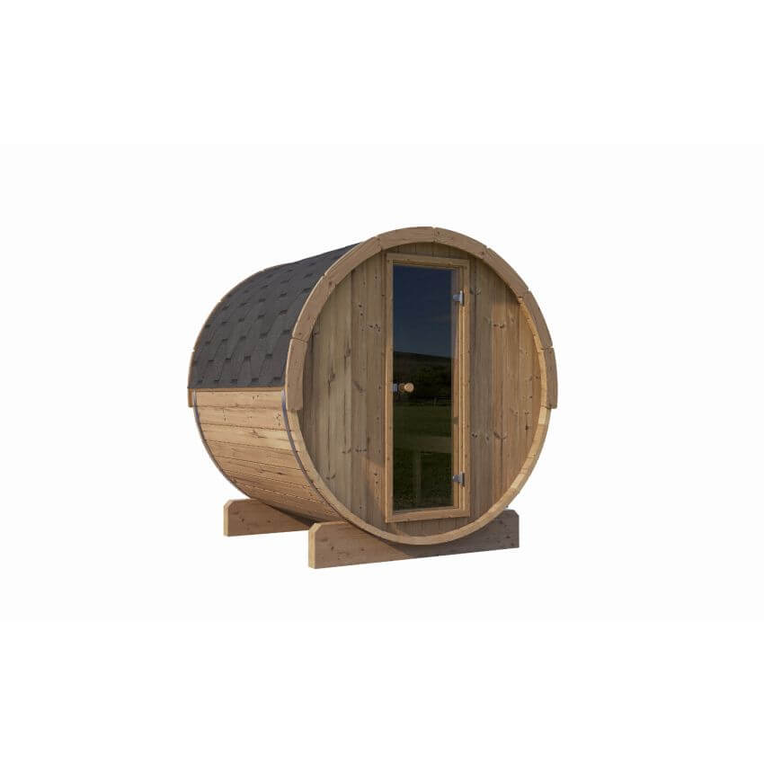 Side front angle of the InMedias Ergo 180 Barrel Sauna on a white background.
