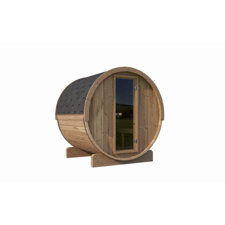 Side front angle of the InMedias Ergo 180 Barrel Sauna on a white background.