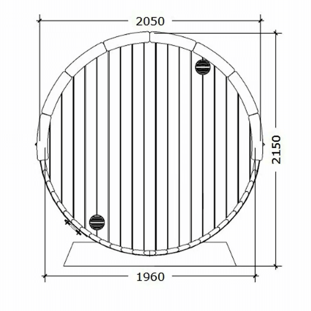 Rear dimension diagram of the InMedias Ergo 180 Barrel Sauna,on a white background.